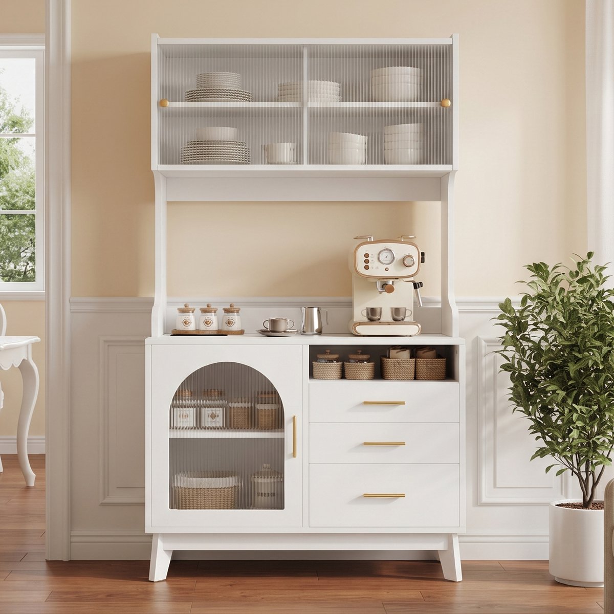VVBV Buffetkast 100.5x40x178 cm - Opbergruimte, USB-Aansluiting, Glazen Deuren, Stopcontact - Wit, Spaanplaat