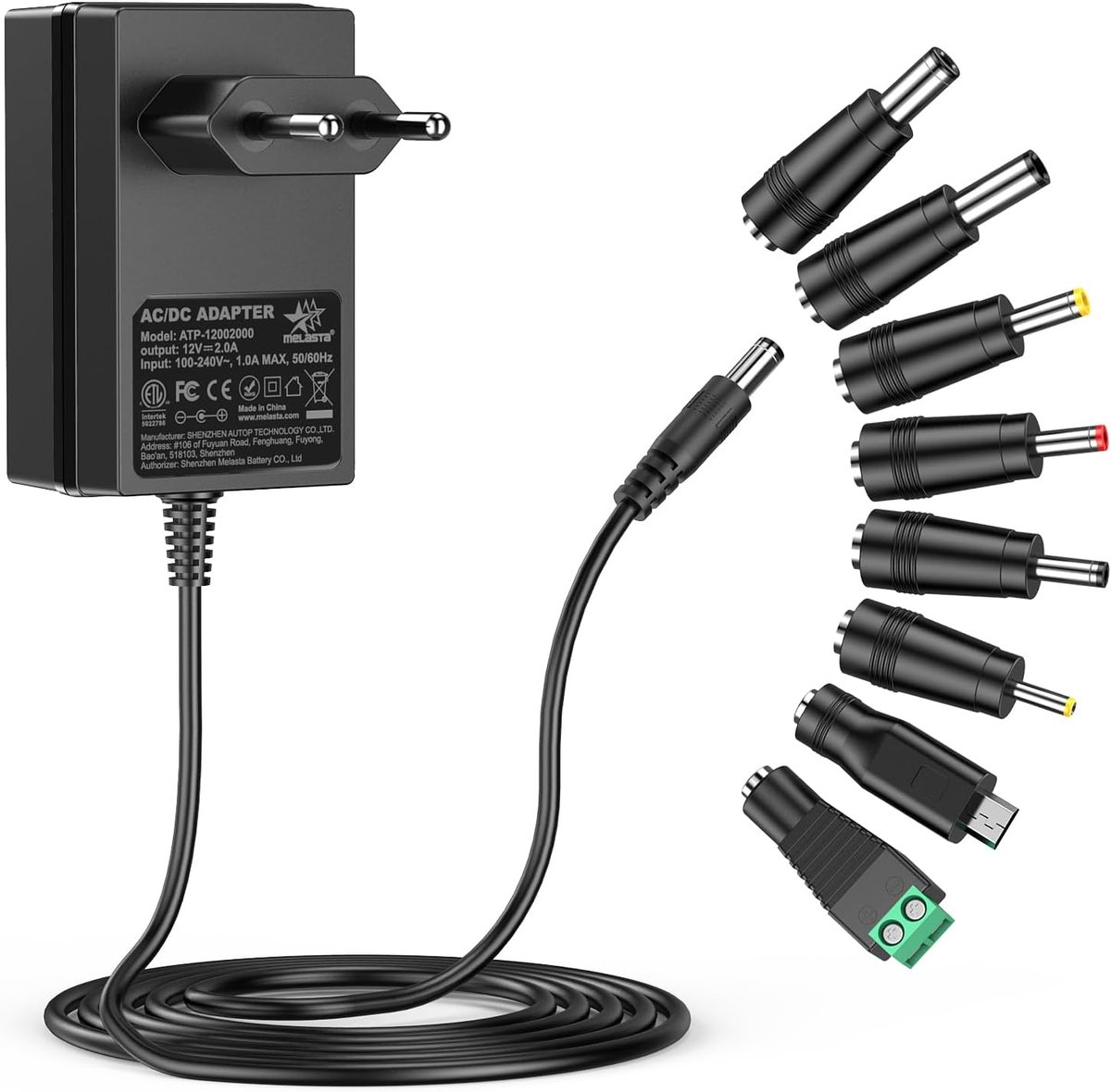 Universele oplader 12V 2A - Compacte adapter met 8 plugs - Geschikt voor LED-strips - Ideaal voor thuisgebruik - ShopVlot