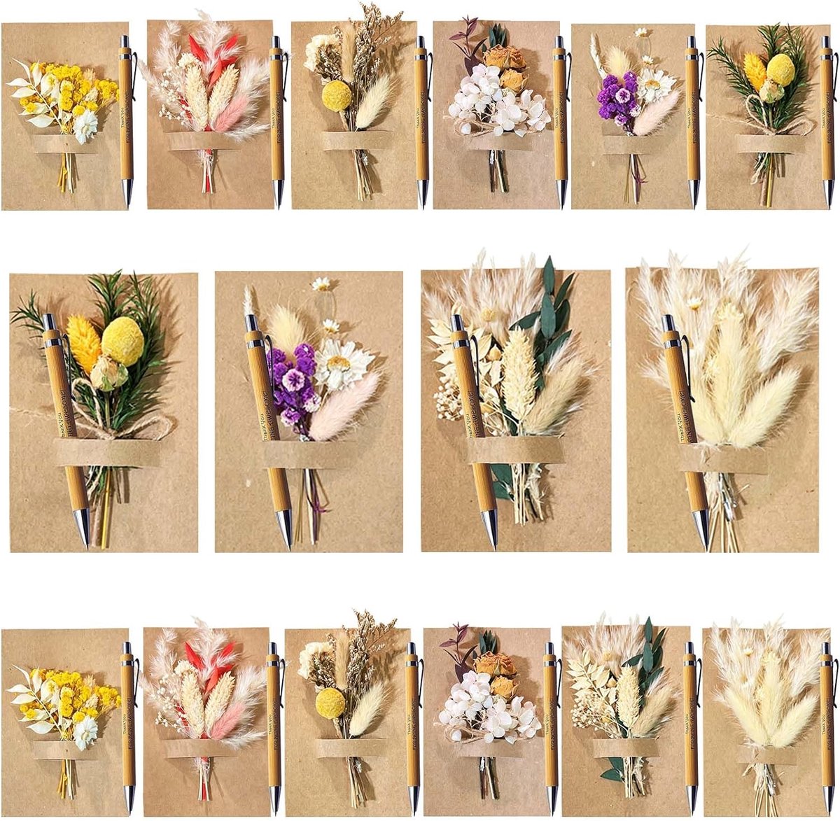 Bedankset voor collega's - 16-delige set met gegraveerde balpennen - boeketjes gedroogde bloemen - ShopVlot
