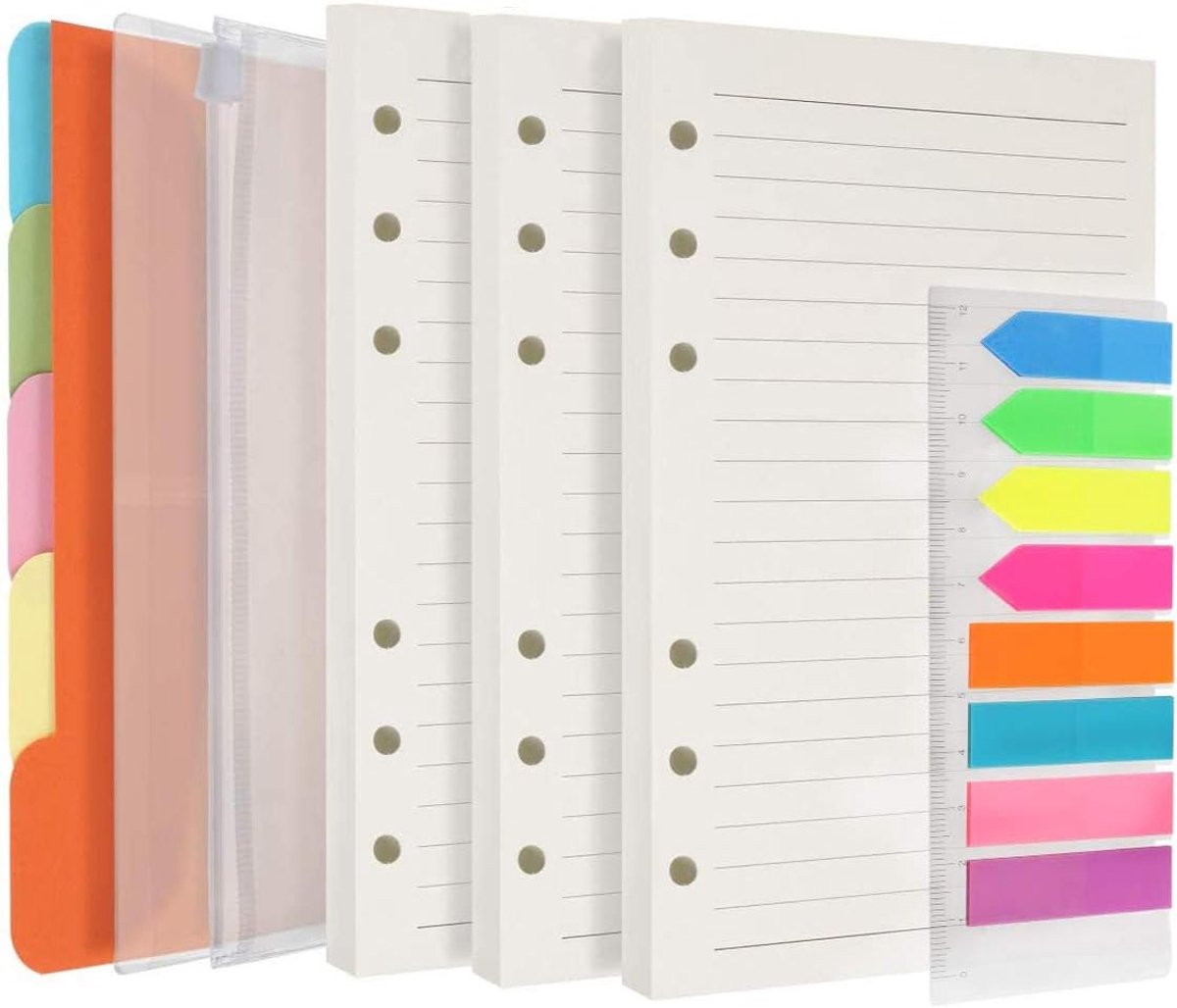 A6 ringpapier set 270 gelinieerde pagina's - 5 gekleurde tabs - 160 neon zelfklevende vlaggen - ideaal voor organisatie - ShopVlot