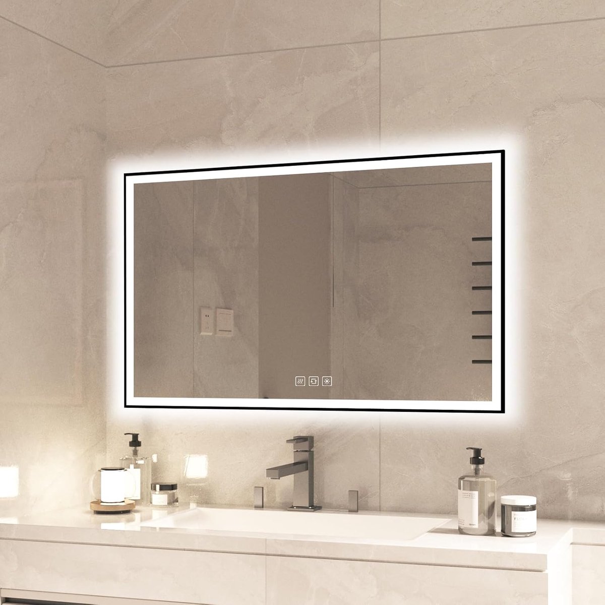 Badkamerspiegel 600 x 1000 mm - Zwart frame - Verlicht met dimfunctie - Anti-fog en shatterproof - ShopVlot