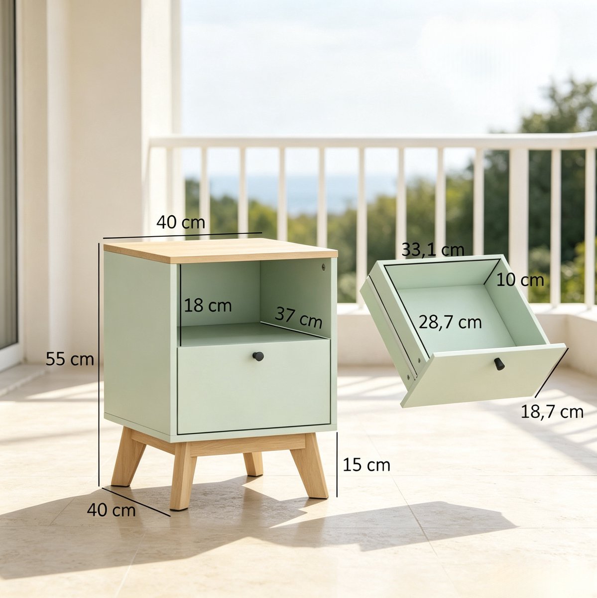 OKWISH Nachtkastjes Set Van 2 – Met Lade En Open Vak – Modern Design Met Opbergruimte – MDF Lichtgroen En Eikenlook – 40 X 40 X 55 Cm