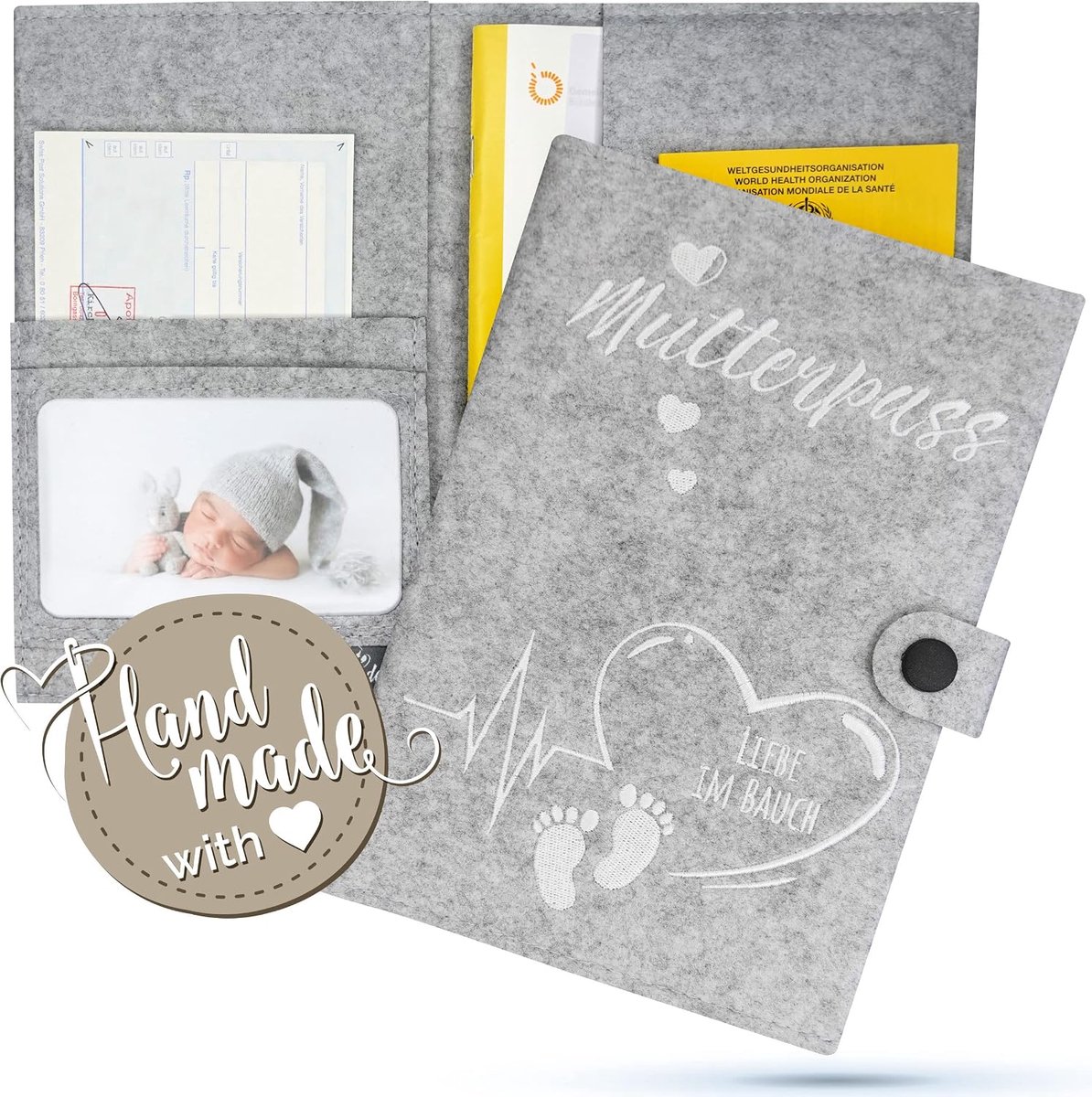 U-booklet hoes lichtgrijs - vilt - hart & voet motief - bijzonder aandenken voor kinderen - ShopVlot