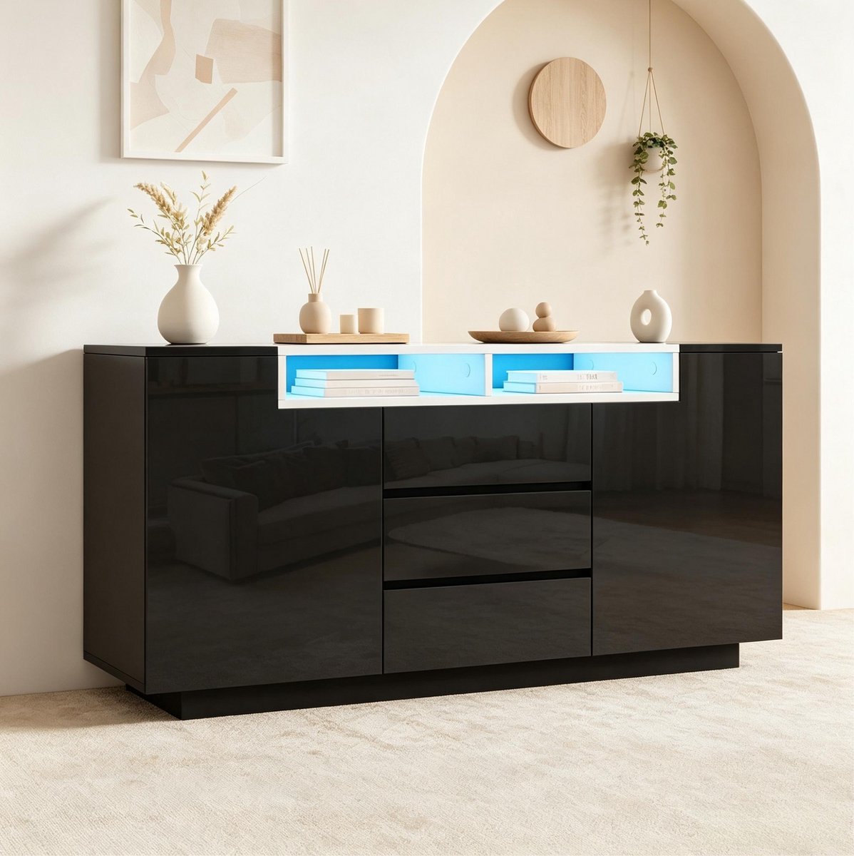 OKWISH Dressoir - 140 x 40 x 68 cm - 2 Deuren en 3 Lades - Met LED-Verlichting en Verstelbare Indeling - Hoogglans Spaanplaat Zwart