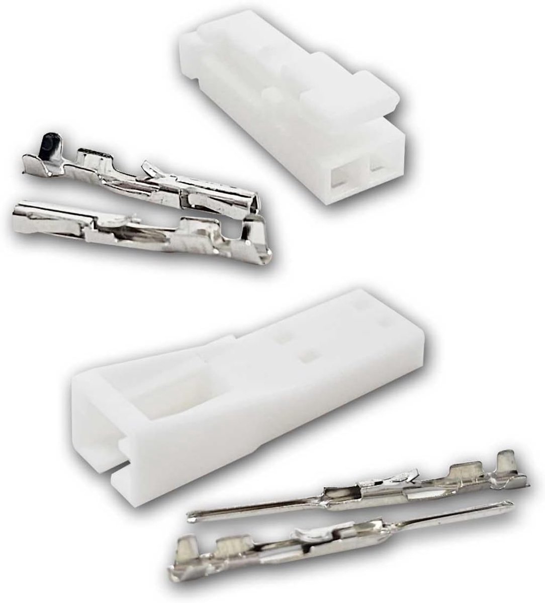 Verpakking met 10 stuks mini-AMP-connectoren 2-polig, met crimpcontacten van vertind koper, witte kunststof behuizing, behuizing met slot voor cohesie