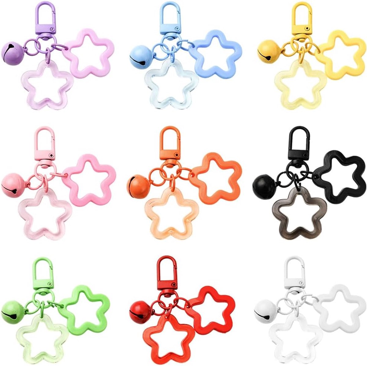 9 Kleuren 9 Stks Acryl Ster Sleutelhanger met Bell Leuke Ster Sleutelhanger Bulk Plastic Snoep Kleur Regenboog Kreeft Klauw Sluiting Tas Ornamenten voor Portemonnee Handtassen Rugzak