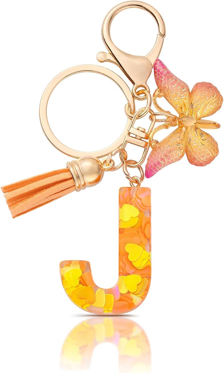 Sleutelhanger voor meisjes letter J sleutelhanger oranje vlinder sleutelhangers beginletter voor vrouwen