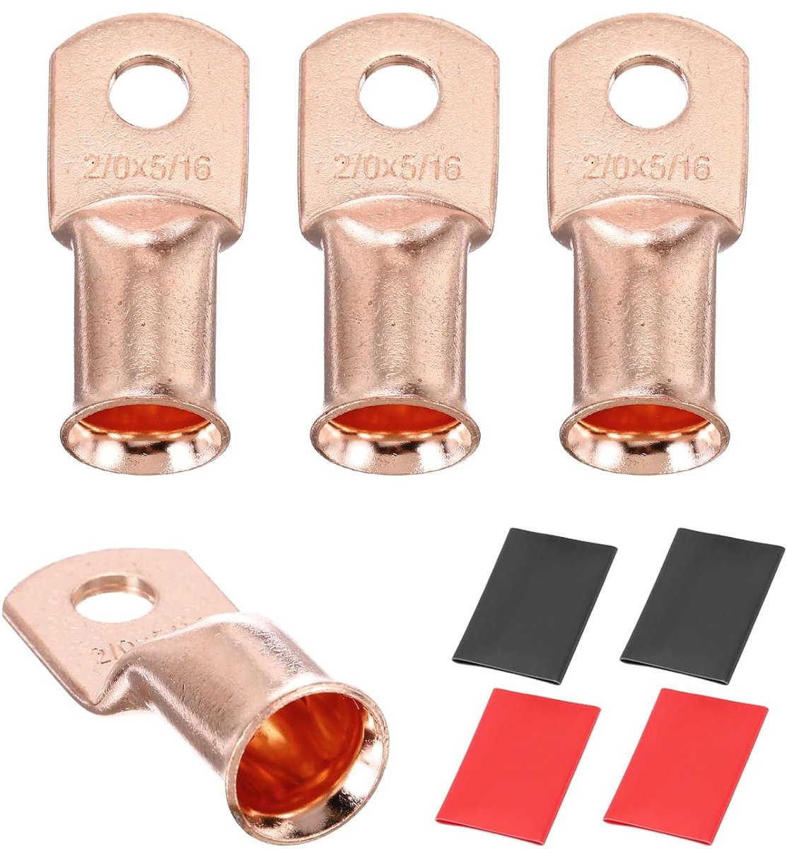 4 stuks 2/0 AWG M8 oogbatterijklem, 5/16 inch 8 mm kabeleindstuk koperen connector, 3:1 krimpkous, goudkleurig