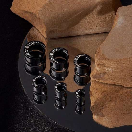 Tunnels, flesh plugs, roestvrij staal, zirkonia, oorpiercing, oorstekers, double flared punk piercing, sieraden, zilver zwart, 6 mm-16 mm — afbeelding 4