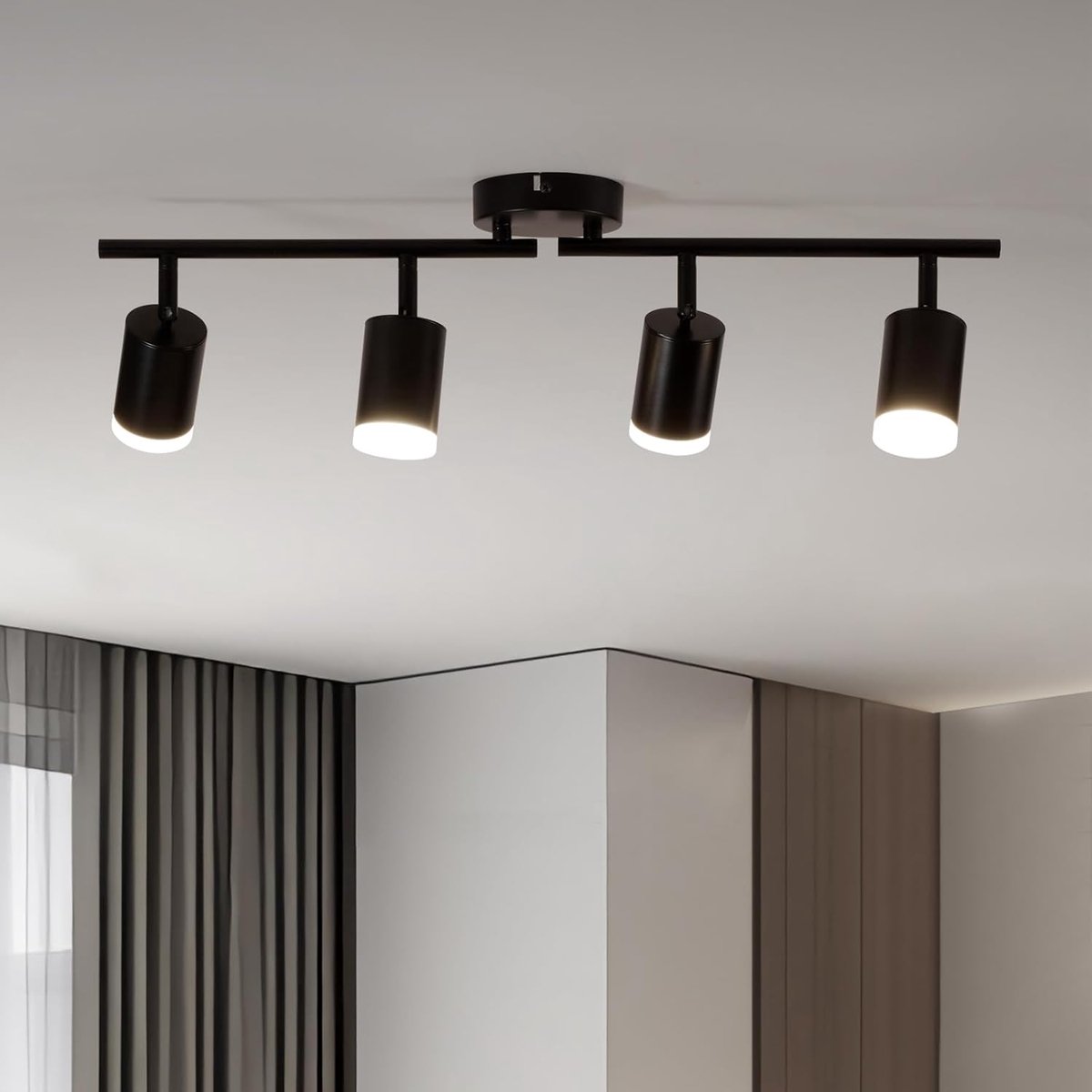 Plafondlamp, 4 spots, led, draaibaar, modern, zwart, plafondlamp, spots en spotrails, wandlamp GU10, voor woonkamer, keuken, slaapkamer (zonder lamp)