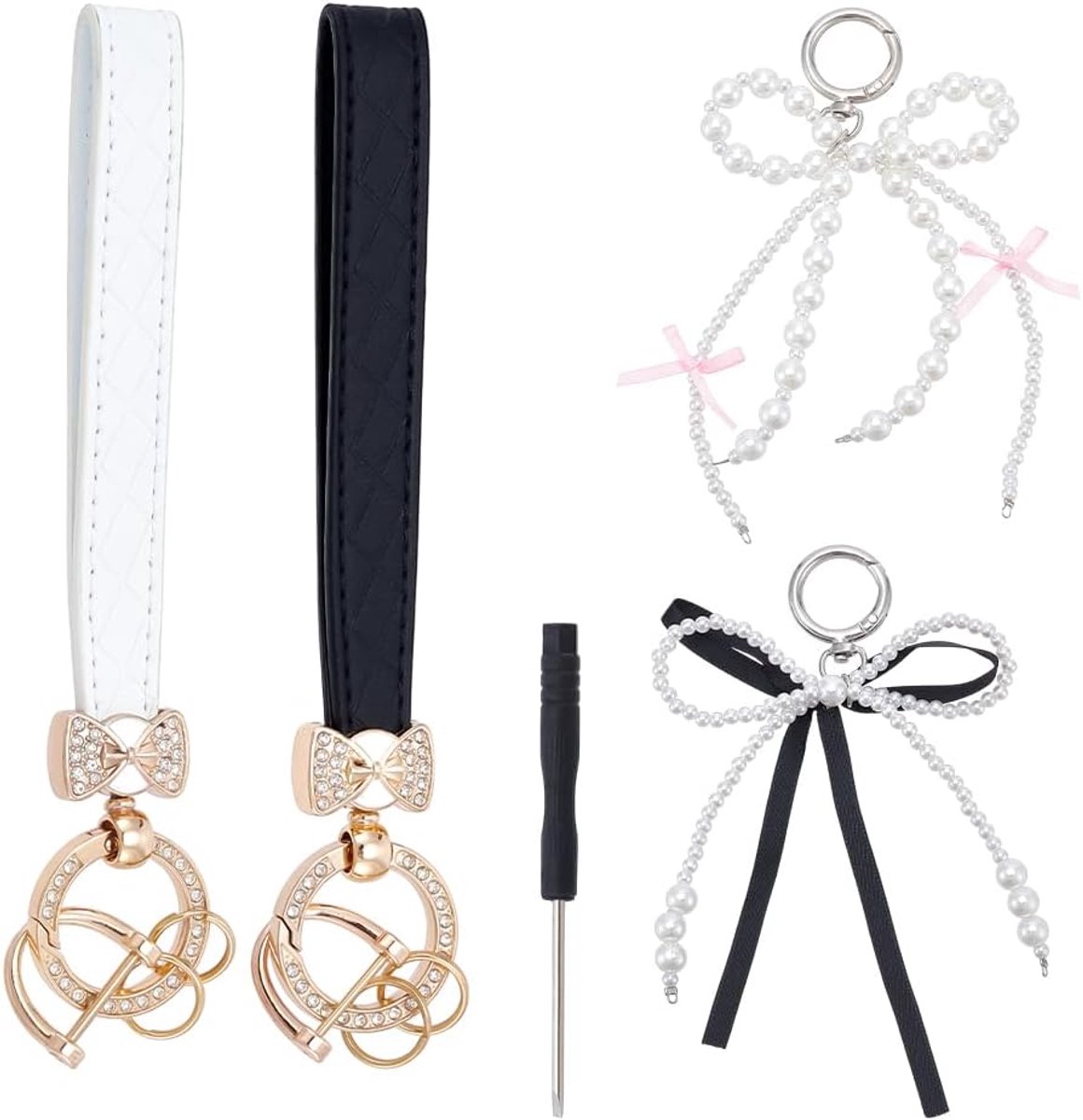 nbeads 2 x 194 mm sleutelhanger armband voor dames, 2 kleuren, strik, sleutelkoord, autosleutelhanger met sluitingen en schroevendraaiers, voor dagelijks gebruik en reizen