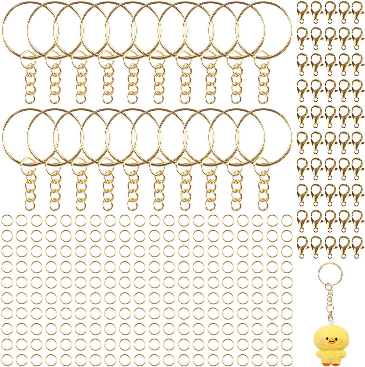 170 stuks 25 mm sleutelhangerset, ketting en ring voor sleutelhanger, sleutelhangerset, sleutelringen met ketting, voor het maken van sieraden, doe-het-zelf kunsthandwerk (goud)