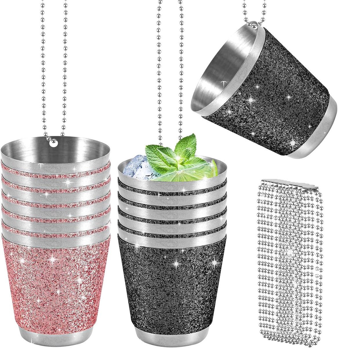 30 ml roestvrij stalen borrelglaasjes: 12 stuks borrelglazen om te hangen, borrelglas met ketting, voor bruiloftsfeesten, vrijgezellenfeesten, carnaval, wijnproeverij - roze + zwart