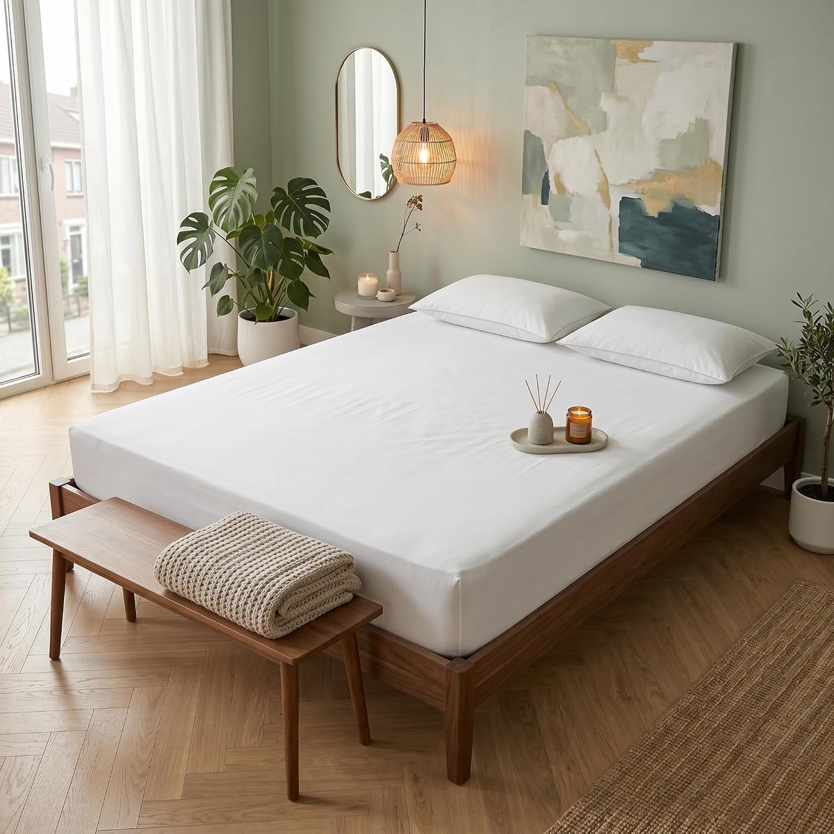 LUXE Katoenen Hoeslaken – 100% Geweven Katoen – 500 TC – Zacht, Ademend & Comfortabel – 360° Elastiek Rondom – Geschikt voor Matrassen tot 30 cm (White, 180x220 cm)