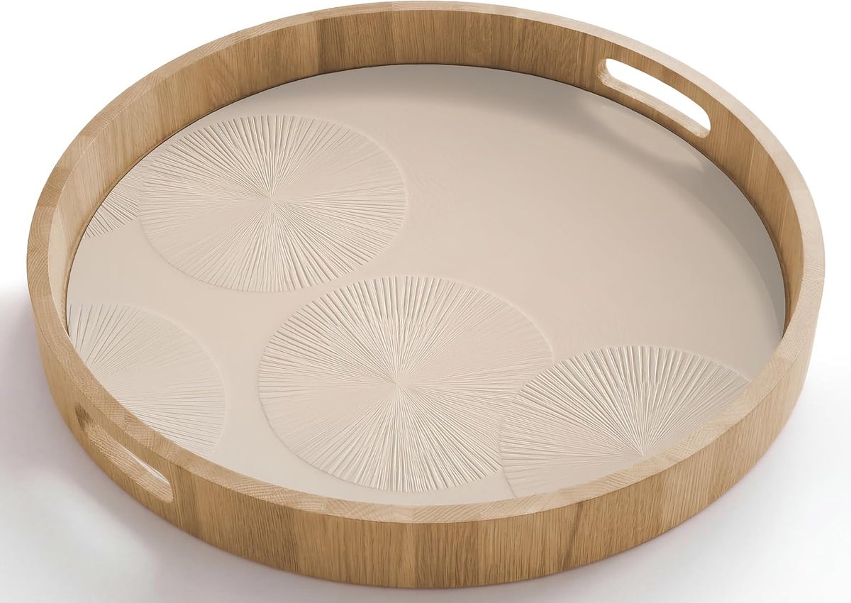 Dienblad Rond 50x50 cm Houten Serveerblad Met Handgrepen Gelakt Eikenhout Krasbestendig Hittebestendig Ontbijt Koffie Thee Eten Japandi - Beige - Modern
