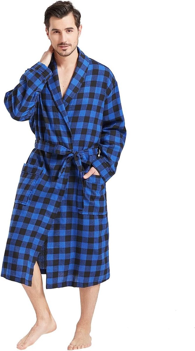 Heren Buffalo Plaid Katoenen Gewaad Lichtgewicht Badjas Sjaal Kraag Kimono Nachtkleding Loungewear Huisgewaden