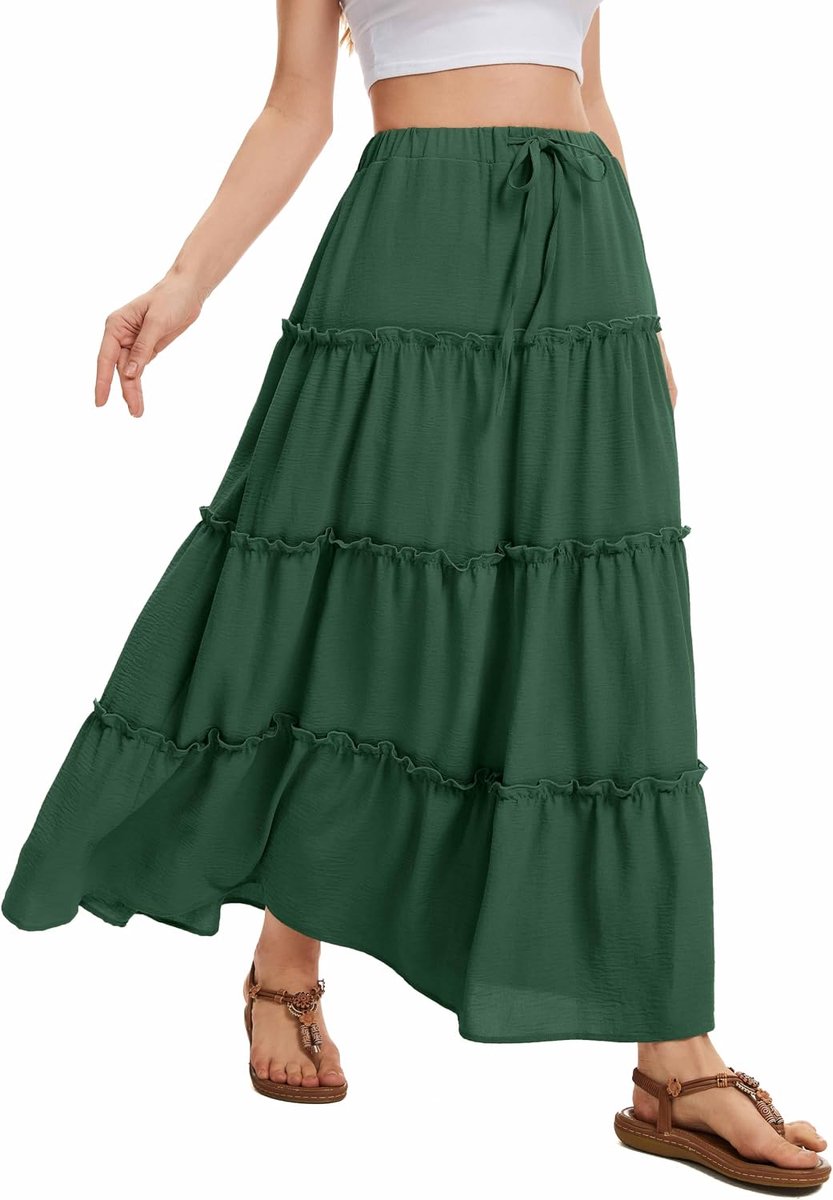 Maxi Rok voor Dames Elastische Hoge Taille met Trekkoord Zomerse Gelaagde Lange Rok met 2 Zakken Voor Dagelijks Gebruik Vakantie & Casual Draag