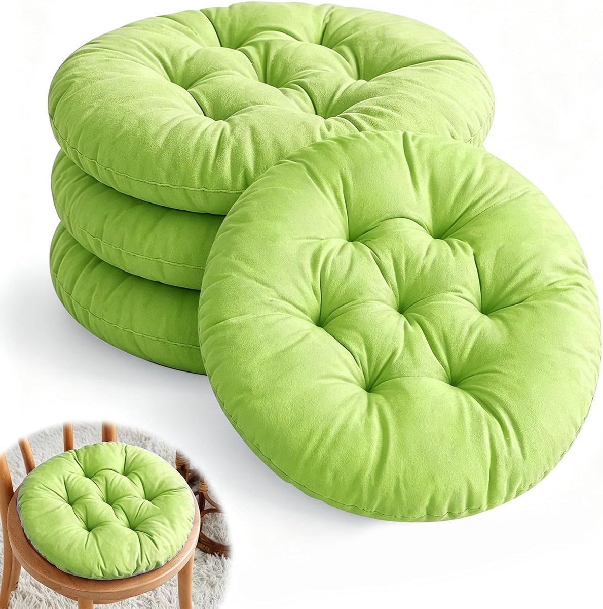 Set van 4 ronde stoelkussens, 40 cm, rond zitkussen, gevuld zitkussen, zacht zitkussen met parelkatoenen vulling voor tuinstoelen, eetkamer, machinewasbaar (fruitgroen)