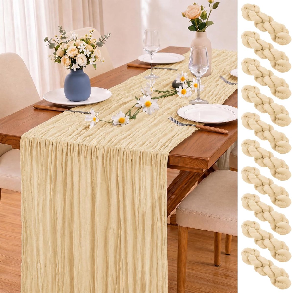 10 stuks 55 x 300 cm, beige kaasdoek, tafelloper, boho-gaas, tafelloper, wasbaar, rustieke en romantische, transparante tafelloper voor bruiloften, bruidsfeesten, feesten