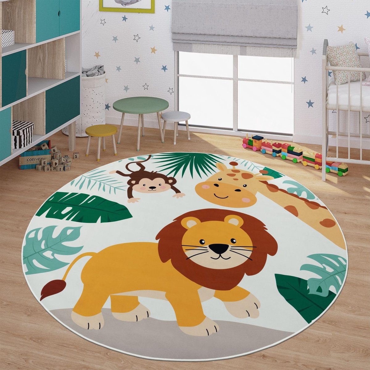 Home Vloerkleed Kinderkamer Meisjes Jongens Antislip Dierlijk Motief Autos, Kleur:Groen Beige Blauw, Maat:160 cm rond