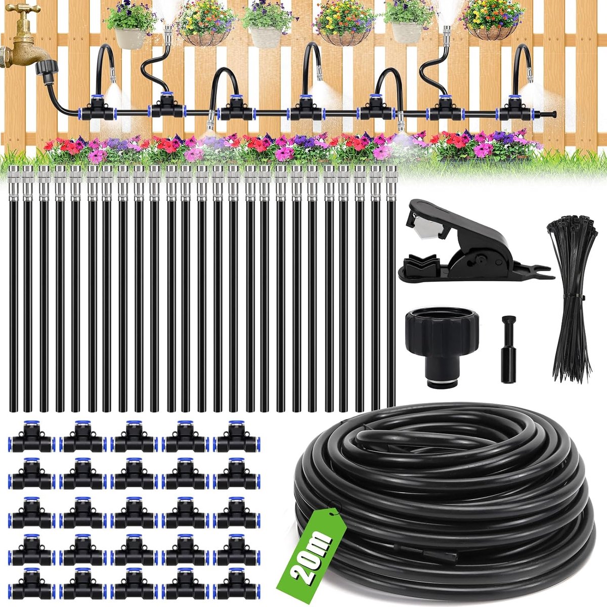 tuinirrigatiesysteem, 20 m, druppelirrigatiesysteem, broeikas, 25 richtingssproeiers van messing voor outdoor-nevelkoelsysteem, landschap, planten