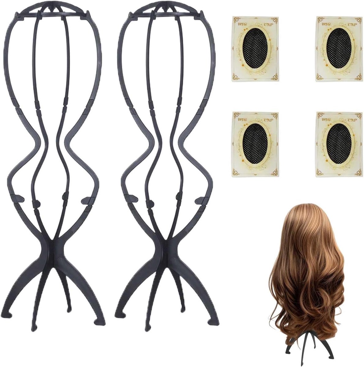 Ventilerende plastic wig standaard set + 2 stuks + zwart + verstelbaar + voor damespruiken cosplay kapsels reizen thuisgebruik