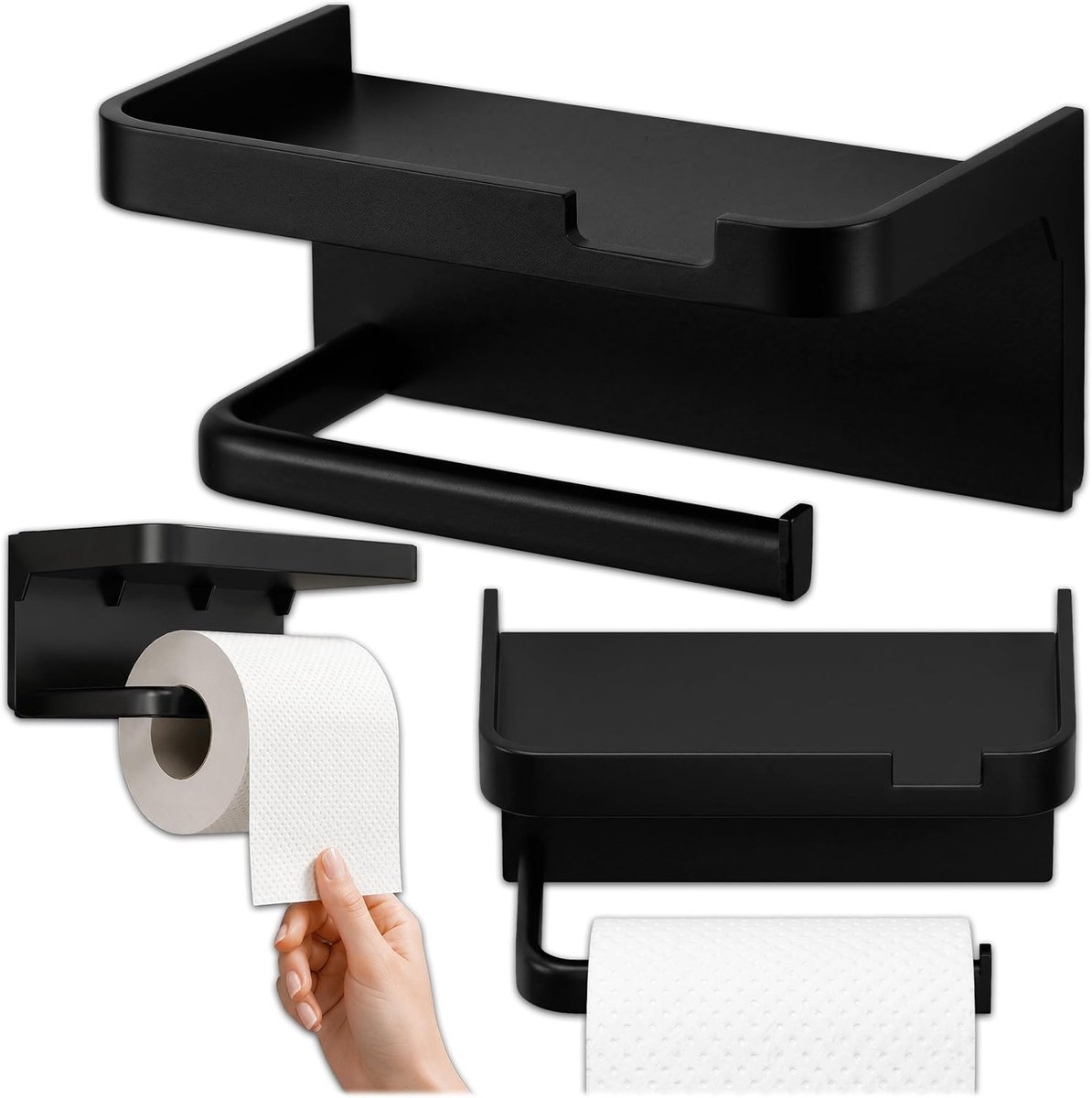 Toiletpapierhouder zonder boren met kleine plank, roestvrij staal, wandmontage voor badkamer, toiletpapierhouder, zelfklevend, stabiel en modern, badkameraccessoires, mat zwart