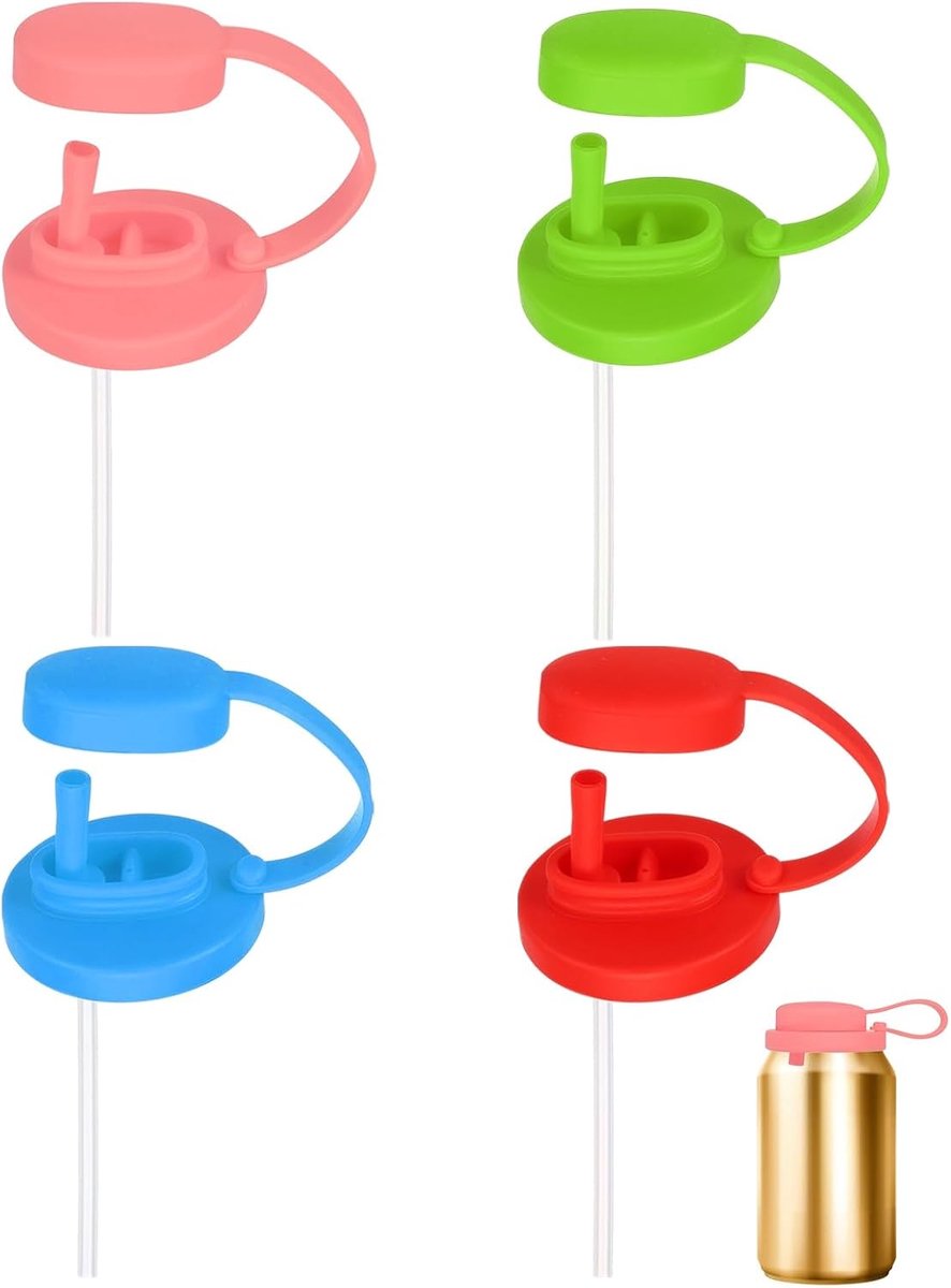 Deksels voor drankblikjes, 4 stuks, met siliconen rietje, lekvrij, luchtdicht, deksel voor energiedranken, rood/hemelsblauw/groen/lichtroze