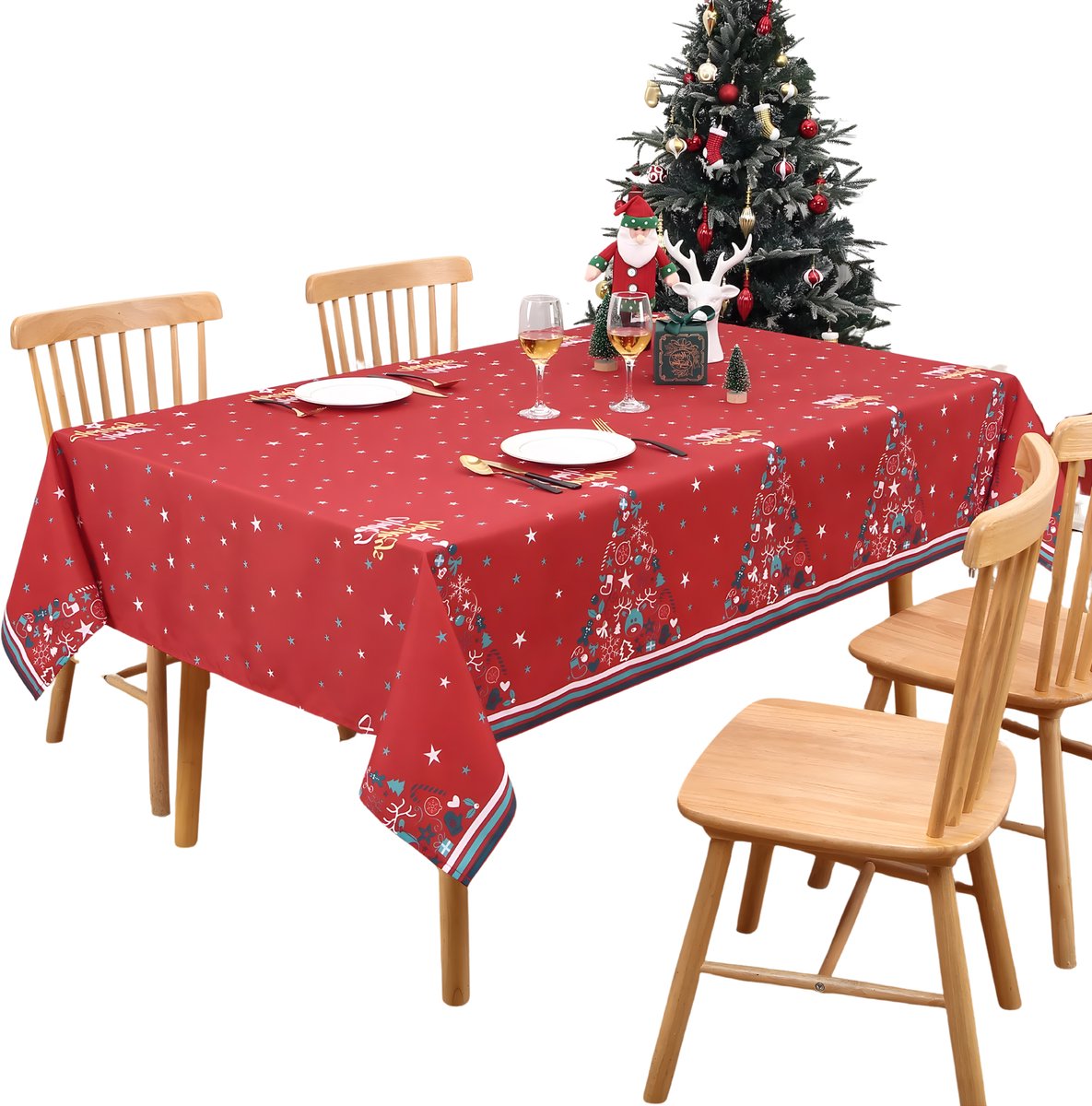 Kerst Tafelkleed - Voor kersttafel en feestdecoratie - Water- en oliebestendig met kerststerpatroon - Rood - Rood-132x200cm
