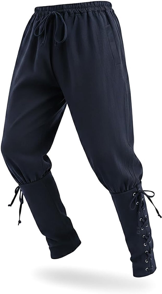 Middeleeuwse broek voor LARP, ridders of piratenkostuum, met vetersluiting aan de onderbenen, donkerblauw, maten: S - XL