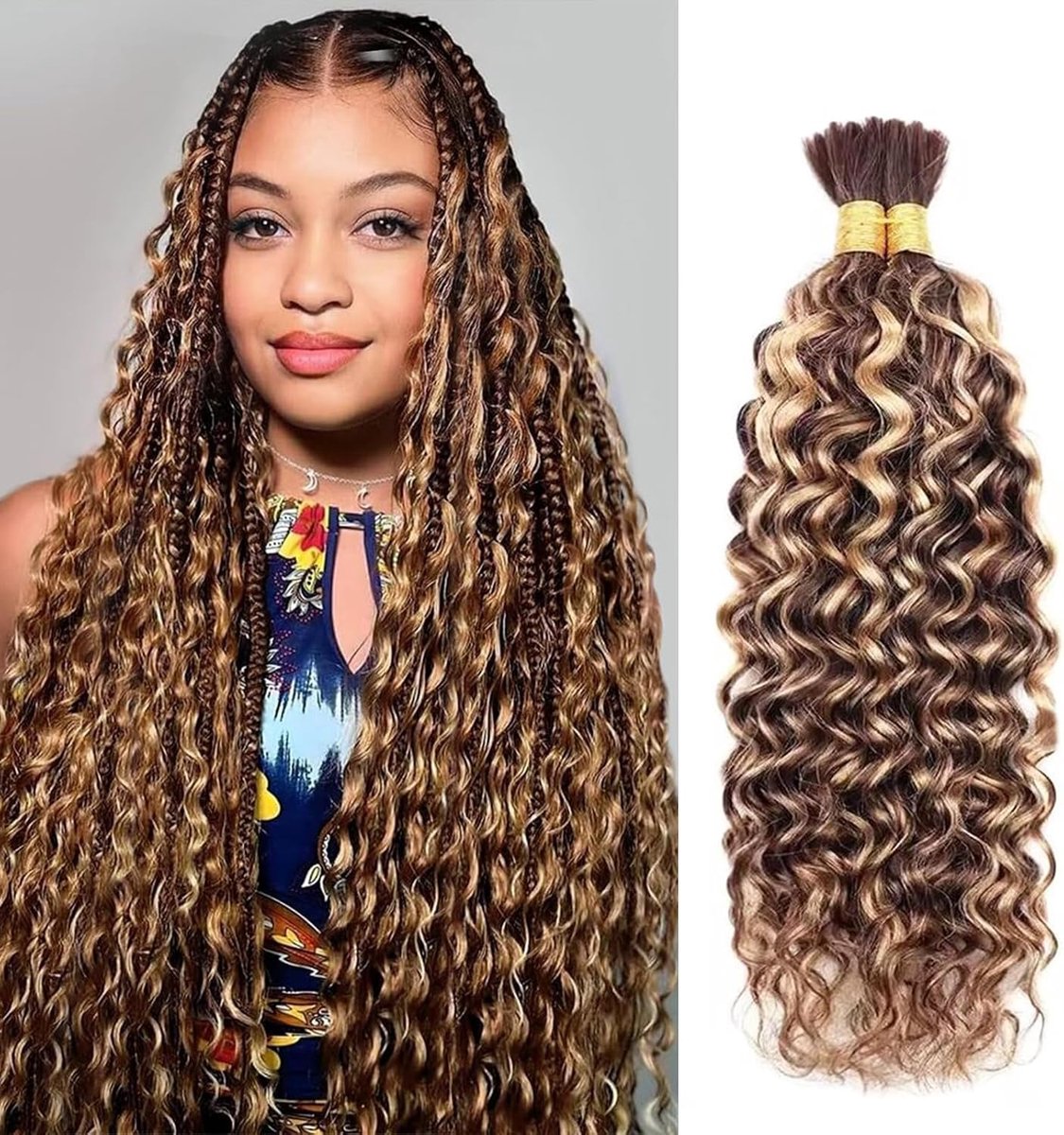 Human Hair Extensions, 100% Unprocessed Virgin Brazilian Hair No Weft Raw Water Wave Bulk Hair, Highlight Brown P4/27# 16 inch 2 Bundles 100g (1Pack-2PCS)