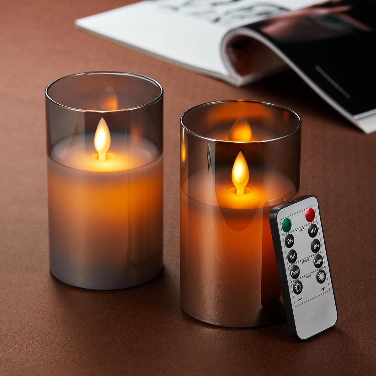 Set van 2 LED Kaarsen met Afstandsbediening, Kaarsen op Batterijen met Grijs Glazen Kopje, Kerstkaarsen, Flikkerende LED-Kaarsen, Dansende Vlammen, voor Bruiloft, Feest, Kerstmis (15cm)