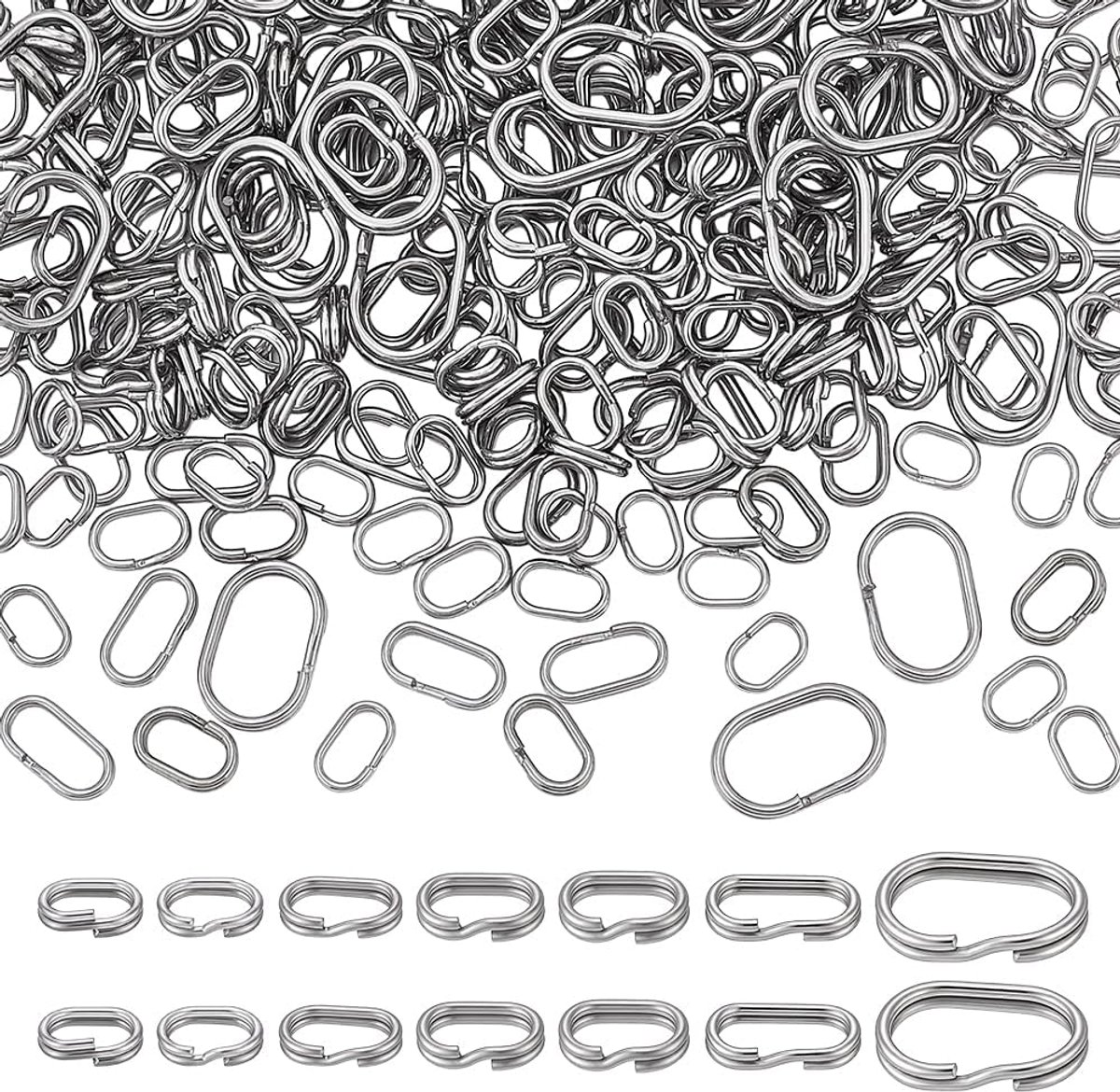 PandaHall 280 stuks dubbele springringen, 7 maten ovale visserij splitring 304 roestvrij staal dubbele lus ring kleine verbindingsring voor doe-het-zelf ambachten sleutelhanger hanger sieraden
