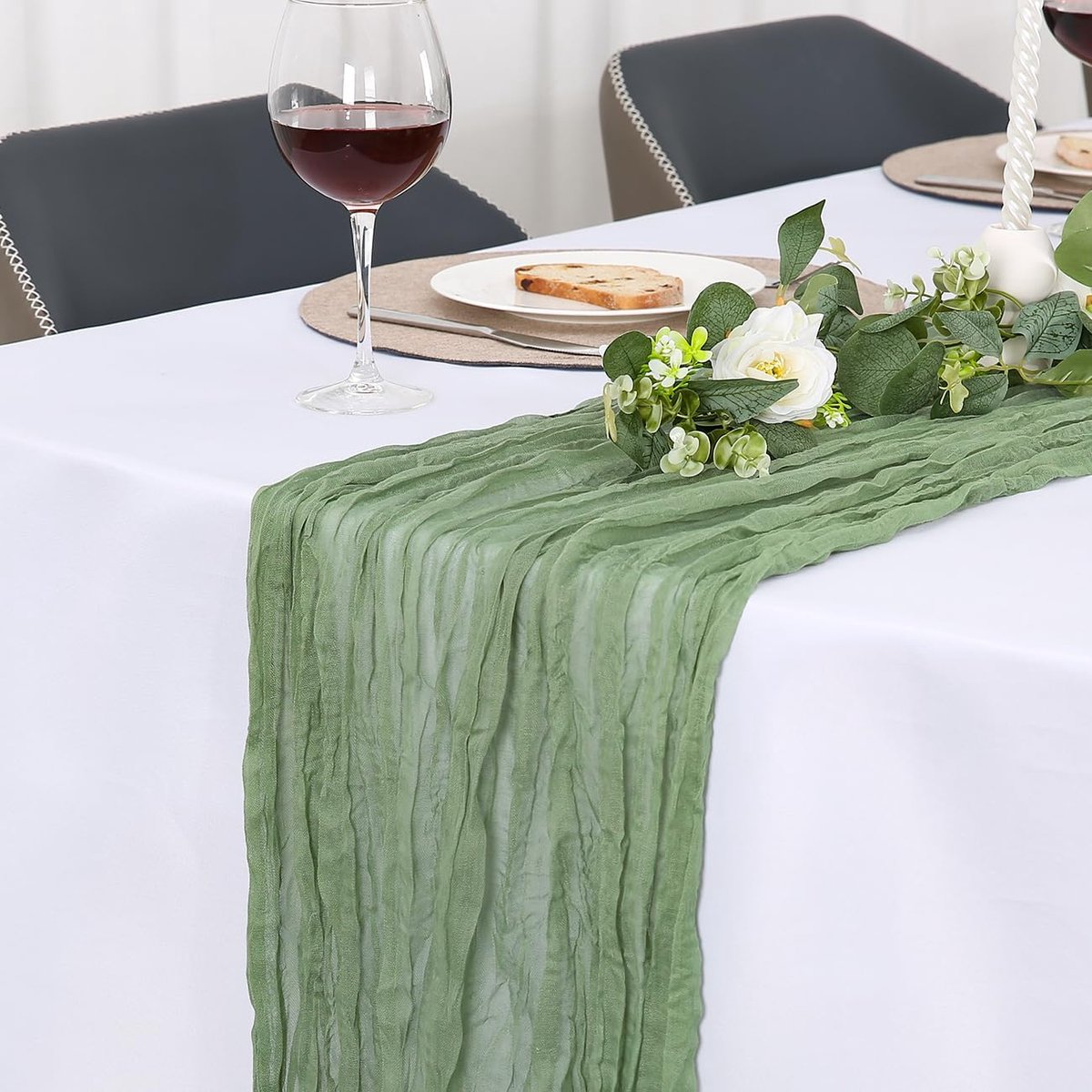 4 Stuks Kaasdoek Tafelloper，Boho Gaas Tafelloper | Wasbaar Tafelkleed voor Bruiloften Eettafel Decoraties Gazen Stof Chiffon Bruiloft Decoratie Thuis Buiten Saliegroen