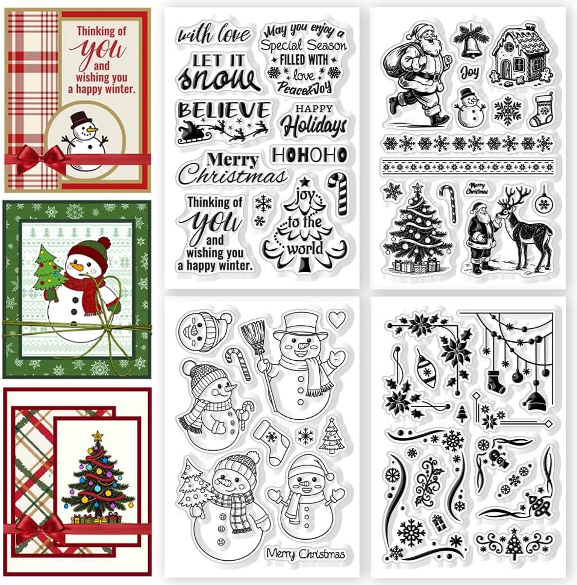 4 vel 4 stijl kerstelementen duidelijke stempels sneeuwpop transparante stempels kerst tekst siliconen duidelijke stempel zegels voor kaarden maken DIY scrapbooking fotoalbum decoratie, 4,3 x