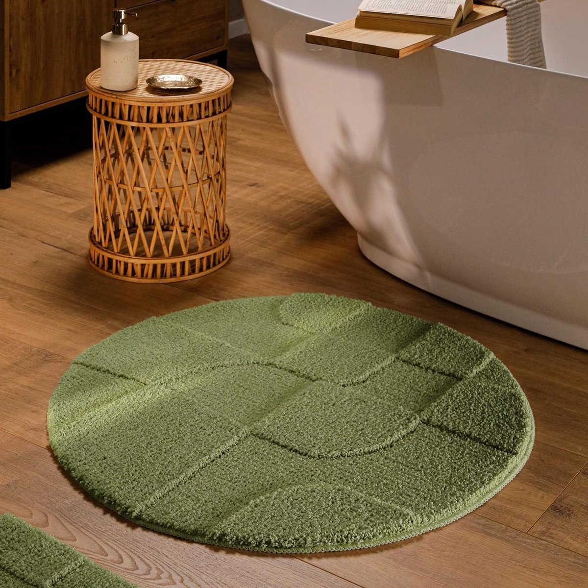 Badmat Davie – Uni hoog-laag, wasbaar 30°C, antislip (80 cm rond, resedagroen)