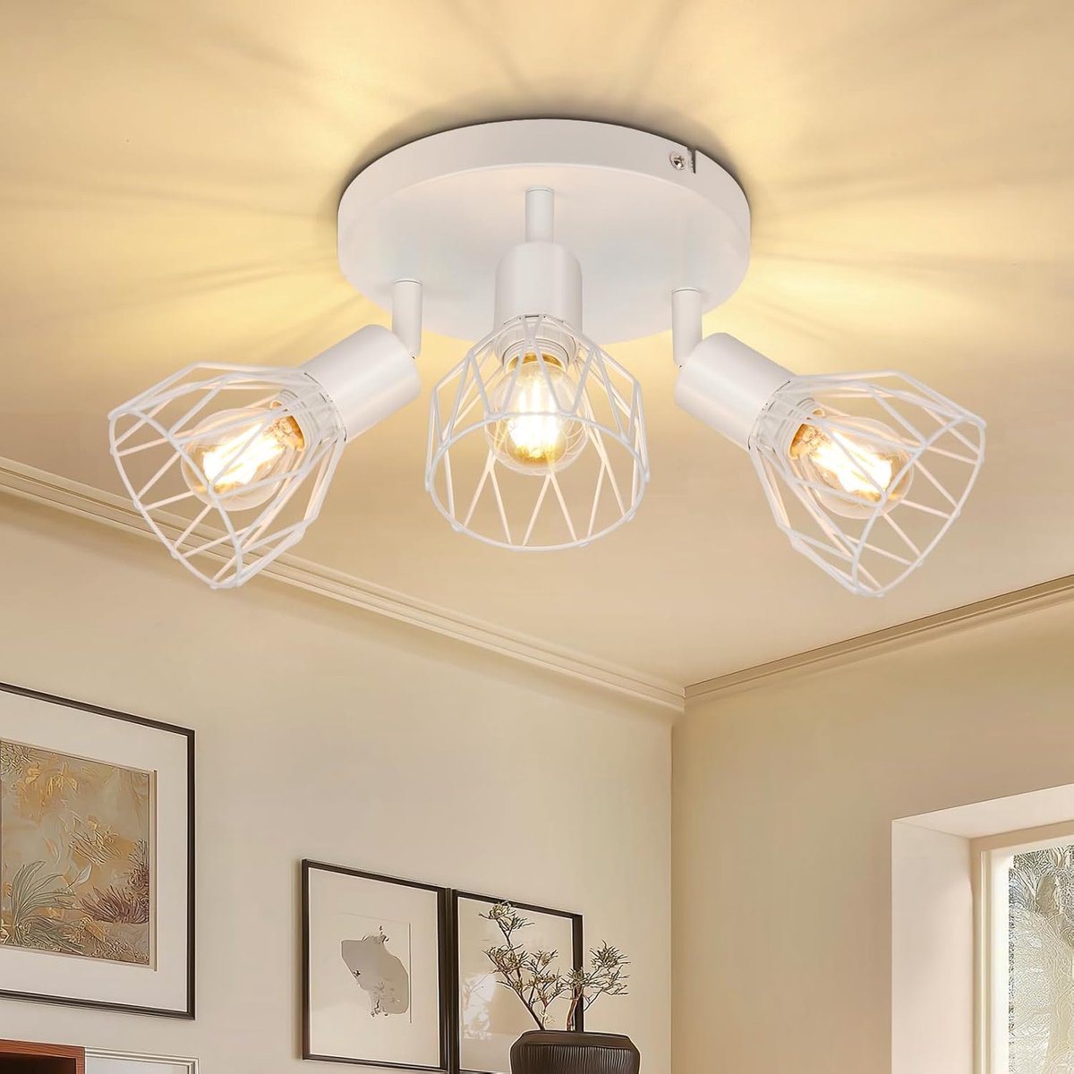 Plafondlamp, draaibaar, met E14-fitting, retrostijl, led-plafondlamp, keuken, 3 spots, wit, industriële plafondlamp voor keuken, slaapkamer, woonkamer, zonder lampen