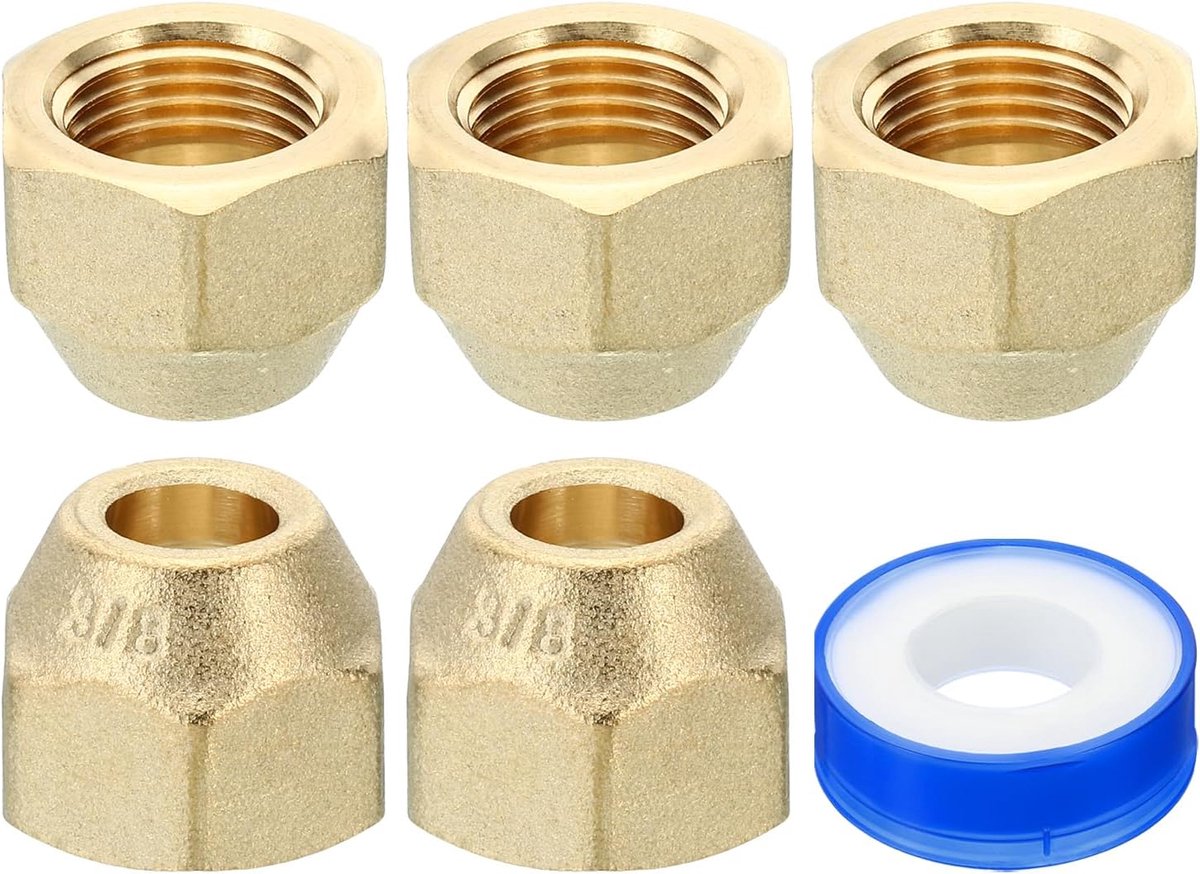 3/8 SAE Messing Flare Moer, 5 Pack 45 Graden Koper Uitlopende Buis Montage Messing Pijp Fitting Cap met Tape Voor Airconditioner Water Gas Line, Mat