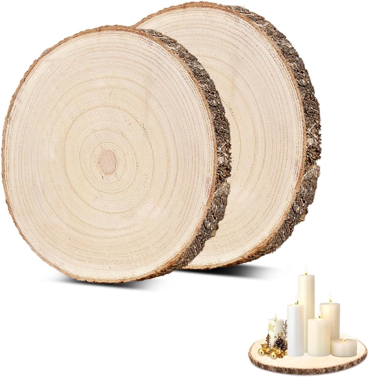 2 stuks houten schijven 23-26 cm, houten schijven om te knutselen, houten plaat rond, boomschijven decoratie, boomschijf voor tafelopzetstukken, doe-het-zelf bruiloftsdecoraties, van hout