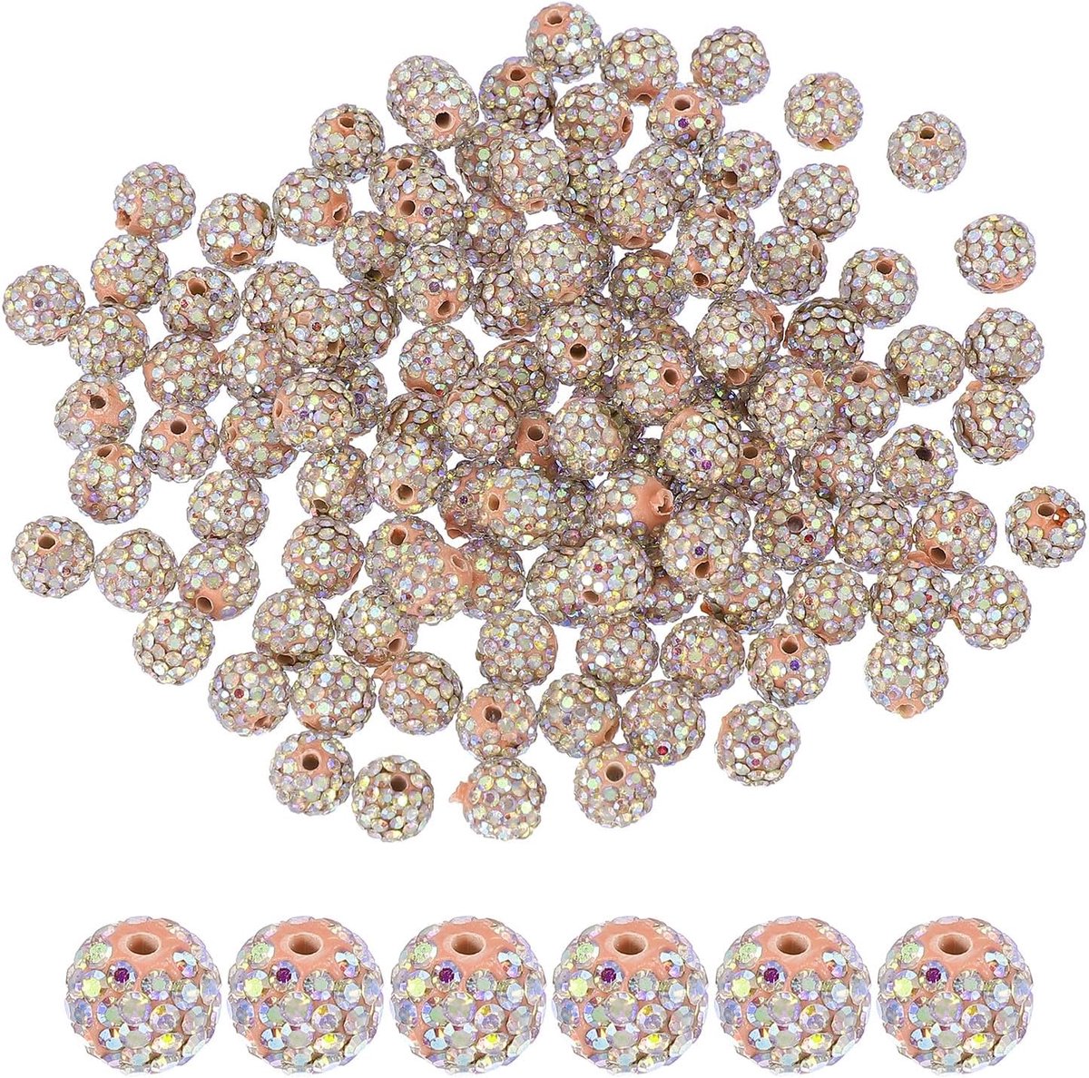 Kralen voor het maken van sieraden, 10 mm glanzende ronde disco bal kralen fonkelende kristallen klei kralen met gat voor armband ketting doe-het-zelf knutselen, licht perzik