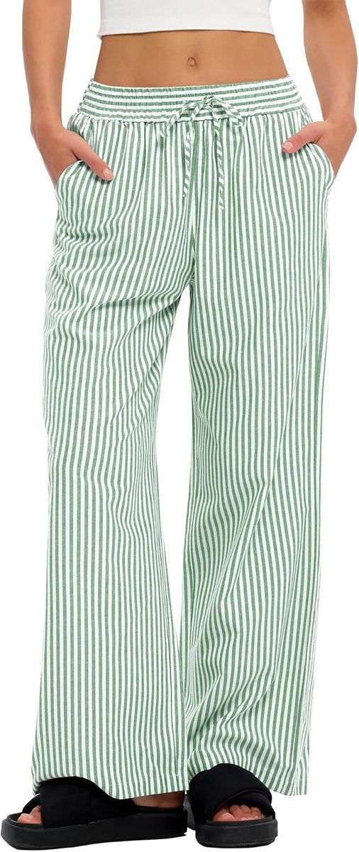 Pyjamabroek voor dames, geruit, lang, zomer, katoen, trekkoord, slaapbroek, zachte vrijetijdsbroek met zakken