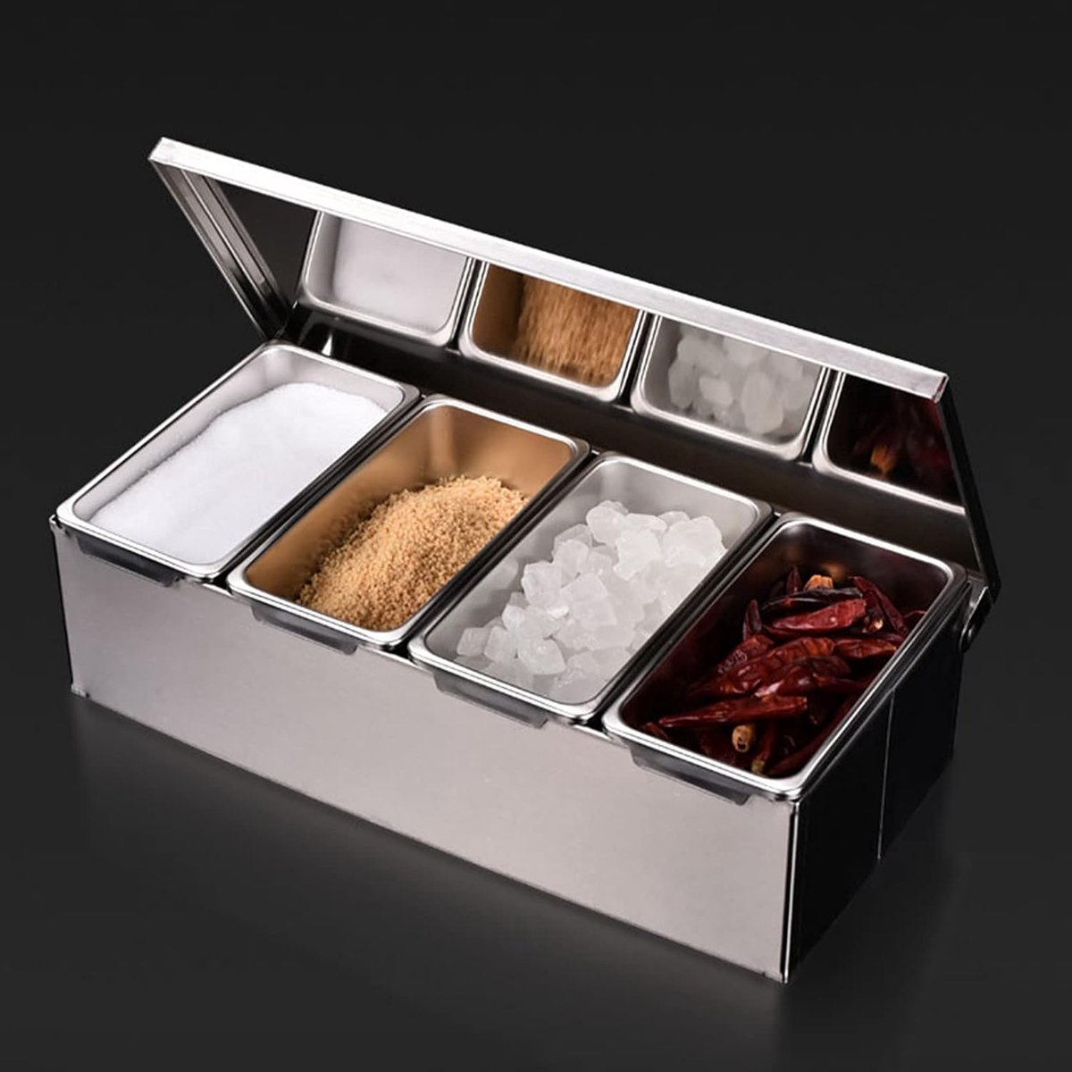 4-delige Roestvrijstalen Voedselboxset, Afneembare Voorraadpot Bewaardoos Vershoudbakjes voor Specerijen en Fruit, Compacte Afmetingen 31 x 15 x 8,8 cm
