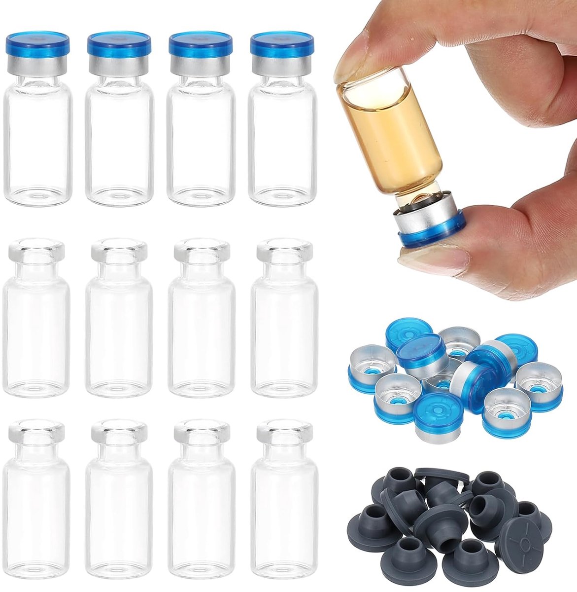 12 stuks 3 ml voorbeeldpullen van borosilicaatglas transparant met aluminium kunststof dop en rubberen stop voor het opbergen van vaste vloeistoffen, poeders in het laboratorium, kleur
