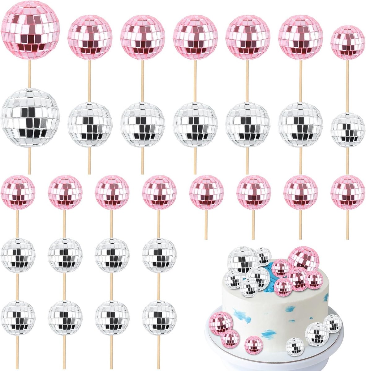 30 stuks mini-discobal cupcaketoppers, glanzende disco balplectrums, disco met stokjes themafeestbenodigdheden, jaren 70 retro taartdecoraties voor dessert verjaardagsdecoraties (roze, zilver)