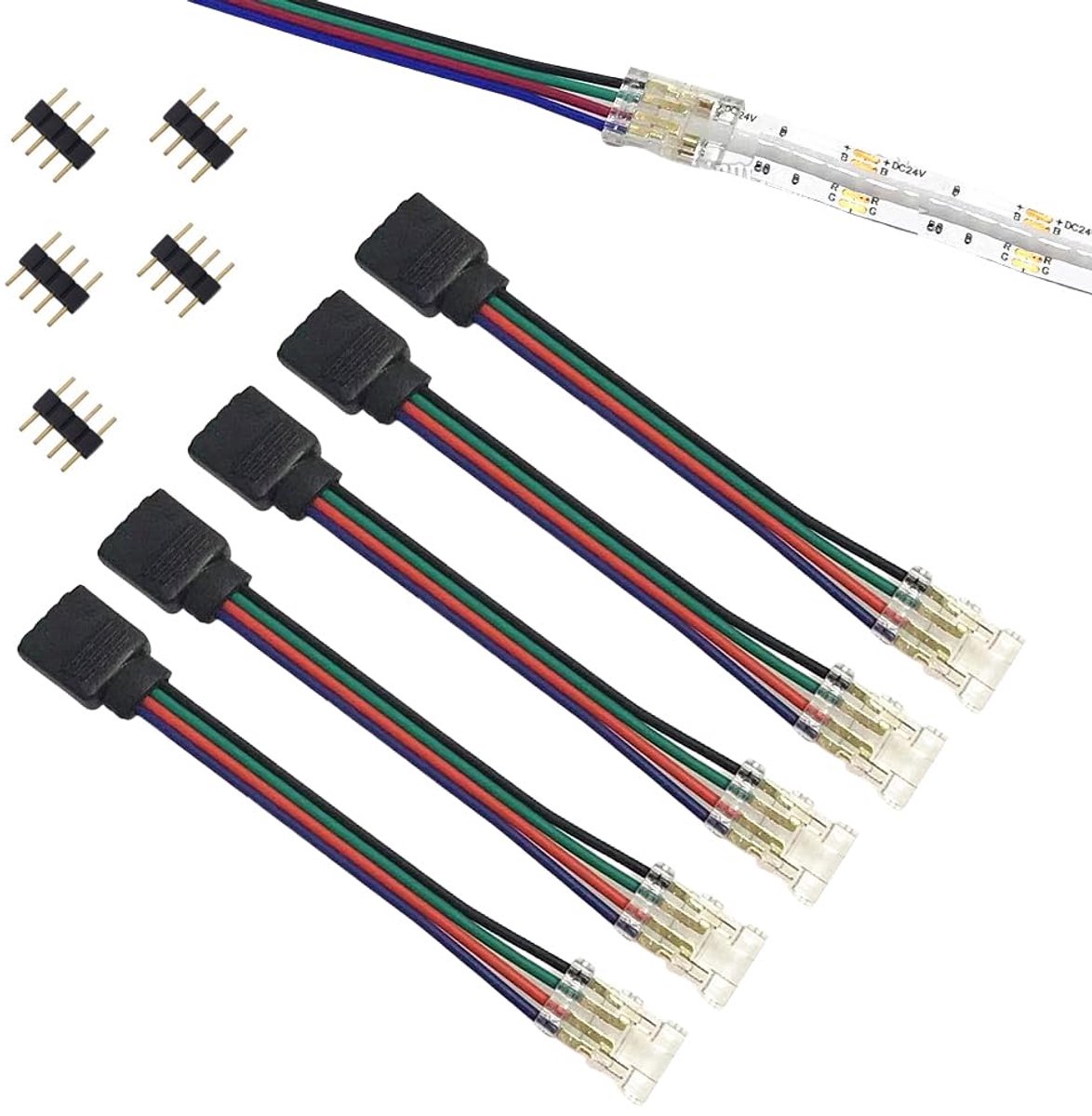 4-pins RGB COB LED-strip connector, transparant, gapless uitbreidingsstekker, soldeervrij, 4-pins gecoate stekker, bus kabel voor 10 mm brede RGB COB lichtstrips