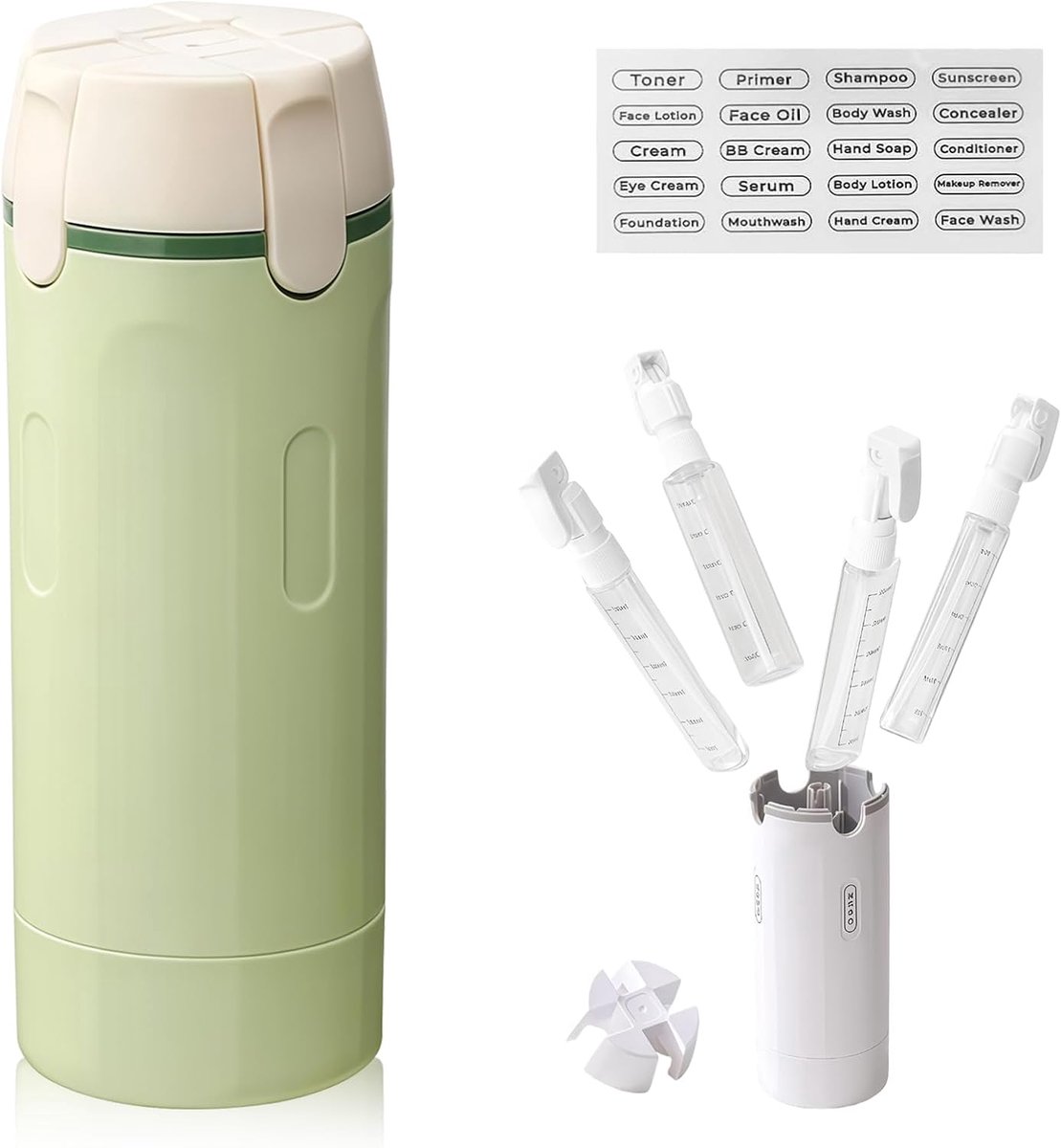 4-in-1 siliconen reisflessenset, navulbare reisdispenser voor vloeistoffen, draagbare container voor shampoo, lotion en gel, lekvrije reismaat (groen)