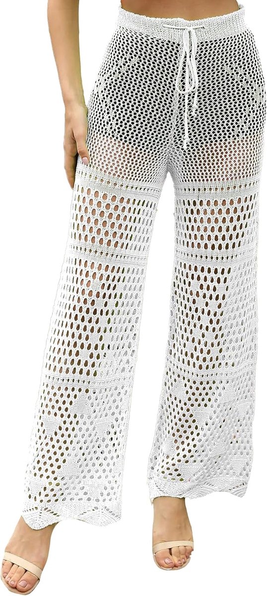 Dames bikini cover-up broek transparant mesh strandbroek gehaakt gebreide lange broek hoge taille elastisch strand broekje