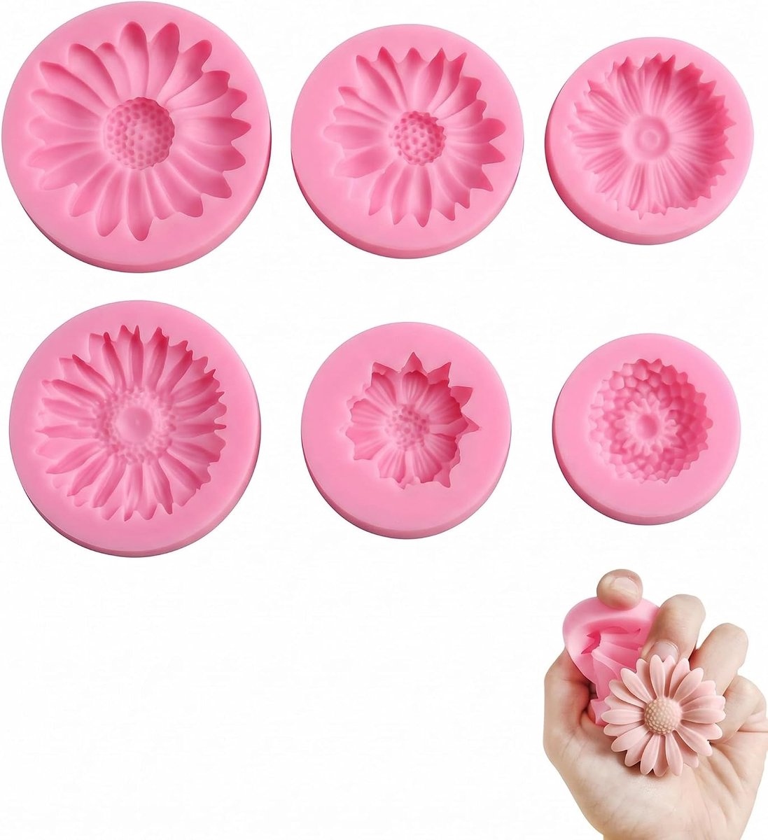 vormen voor kaarsen in de vorm van een madeliefje, set van 6 stuks, roze, eenvoudig losmaken en glad oppervlak, ideaal voor chocolade, zeep, hars en taarten om zelf te maken