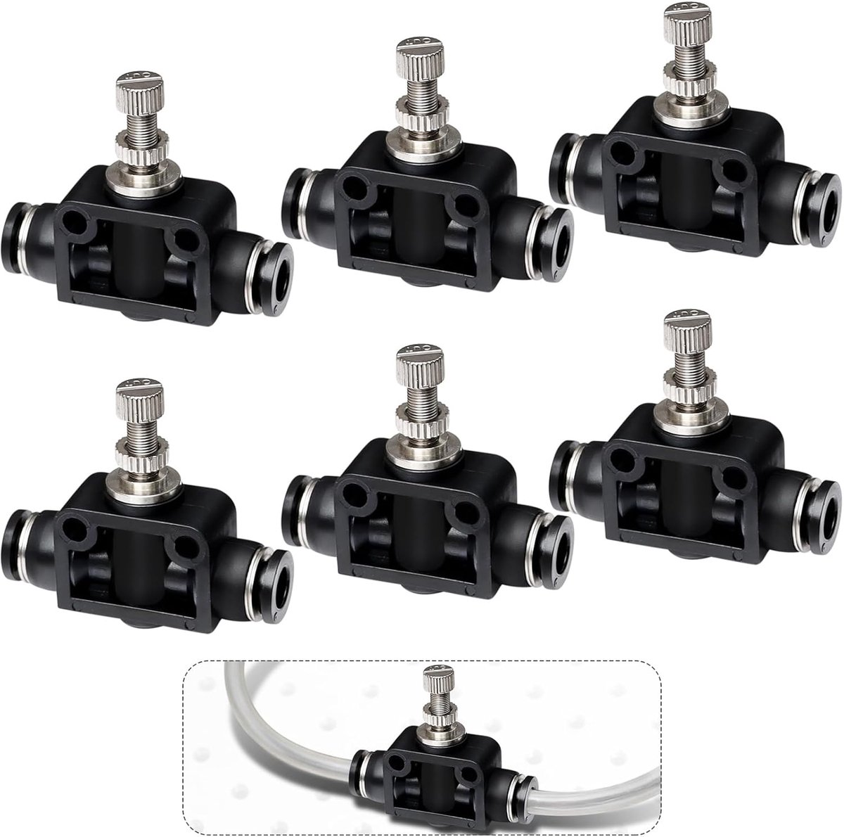 6 stuks pneumatische push-in smoorklep 6 mm – volledig metalen, vernikkeld koper, verstelbare luchtstroomregelklep, push-in snelkoppelingen voor pneumatische luchtslang (SA6)