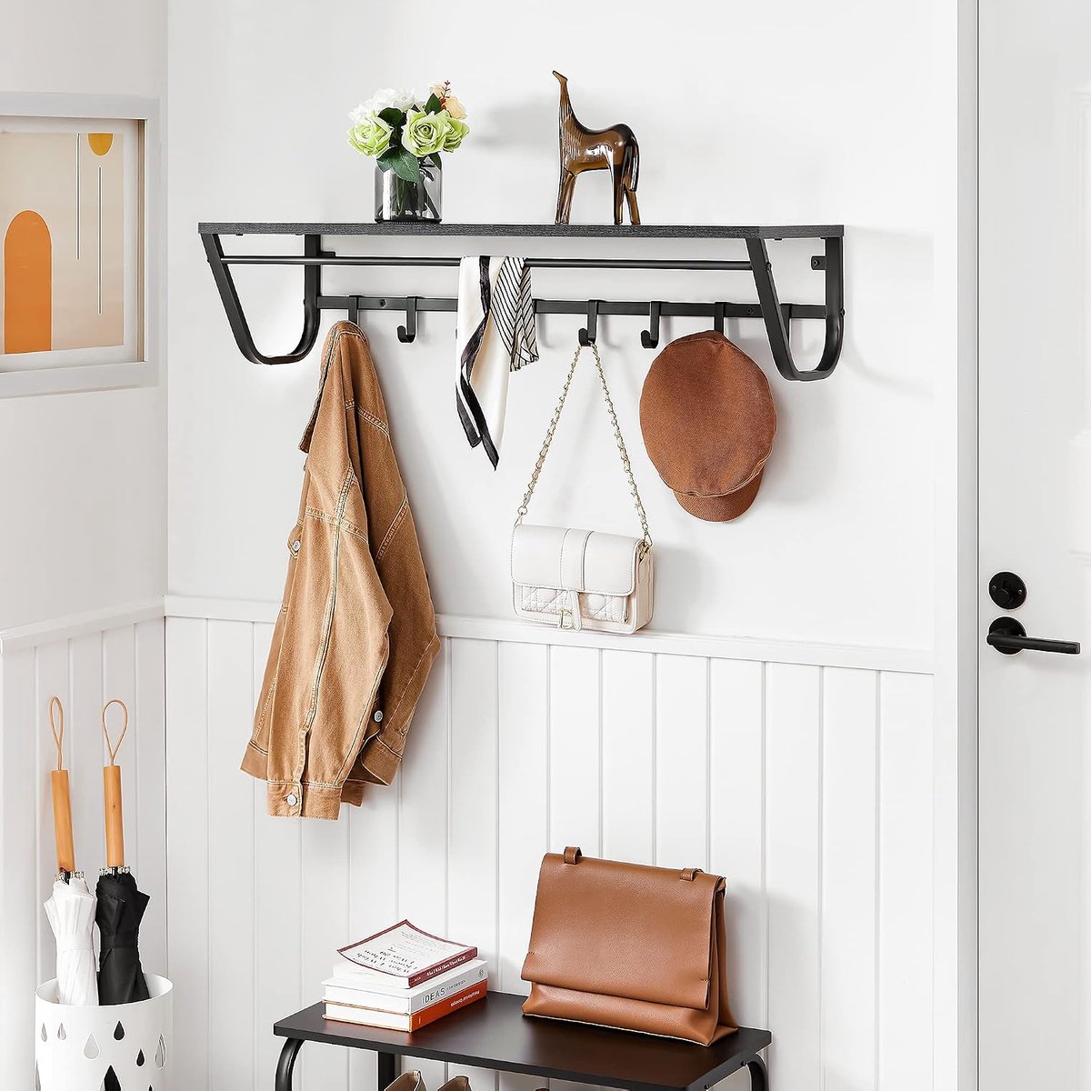 Jassenrek 90cm - Metaal en Hout - 8 Haken - Ruimtebesparend met Hoedplank - SnelShoppen